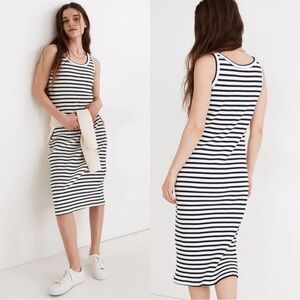 Madewell Women’s Ribbed Tank Midi Dress Sleeveless Scoop Neck in Navy White M